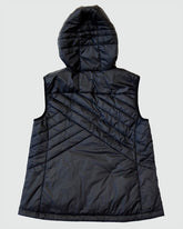 Goal Five Powerstripe eco-friendly down hooded vest in black, shown as a stylish lifestyle outfit with a hood and quilted design.