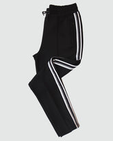 Black Goal Five Powerstripe mid-rise 28-inch 7/8 length track pants, lifestyle activewear with stripe details and comfortable fit.