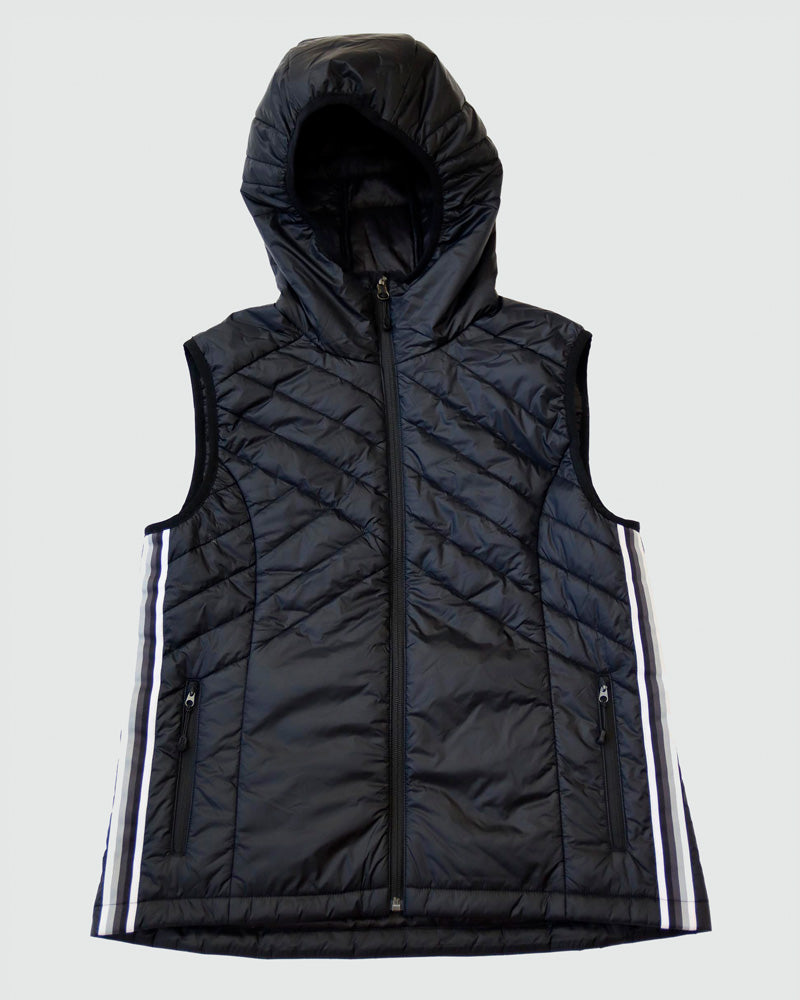 Goal Five Powerstripe eco-friendly down hooded vest in black, featuring a stylish hood and lightweight insulation for outdoor wear.