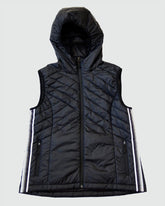 Goal Five Powerstripe eco-friendly down hooded vest in black, featuring a stylish hood and lightweight insulation for outdoor wear.