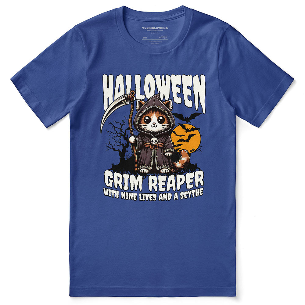 Yūjin Clothing Grim Reaper Halloween cat T-shirt featuring a spooky cat design on black fabric