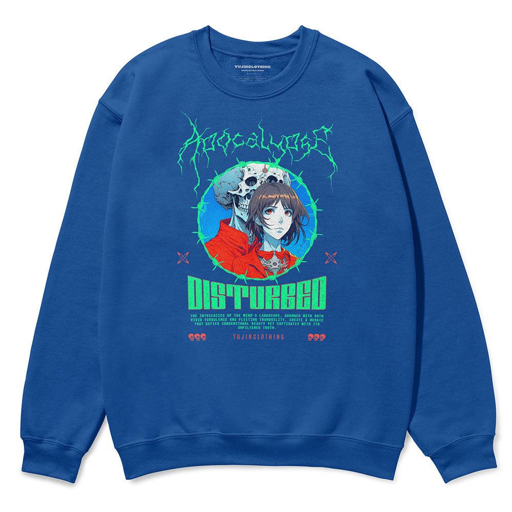 Yūjin Clothing Apocalypse Sweatshirt in black with a striking graphic print, made from soft, comfortable fabric for everyday wear.