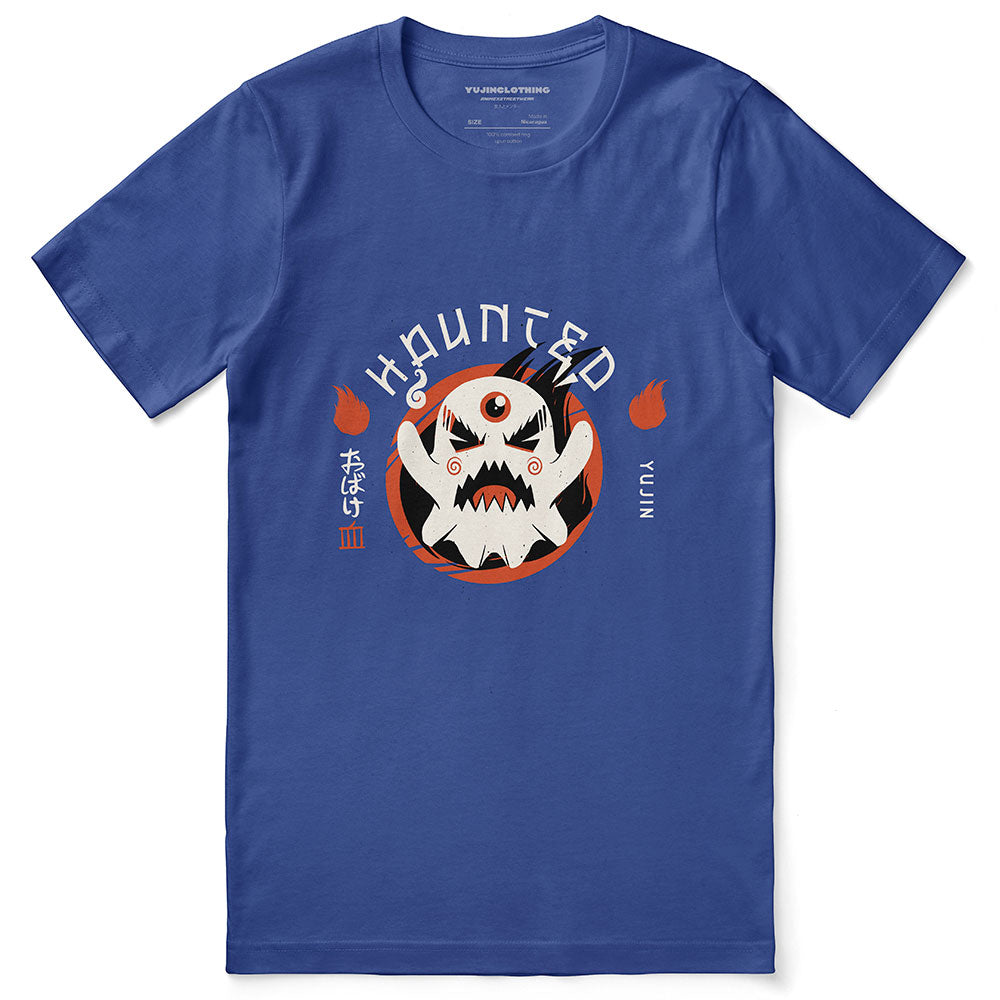 Black Haunted T-Shirt by Yūjin Clothing featuring spooky haunted house and ghost graphic on soft cotton fabric.
