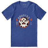 Black Haunted T-Shirt by Yūjin Clothing featuring spooky haunted house and ghost graphic on soft cotton fabric.