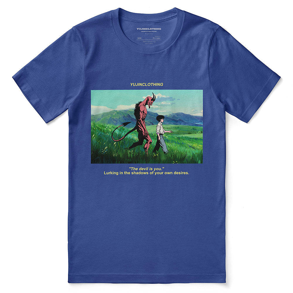 Yūjin Clothing Devil and Boy T-Shirt showing a graphic print of a devil and a boy on a casual black T-shirt.