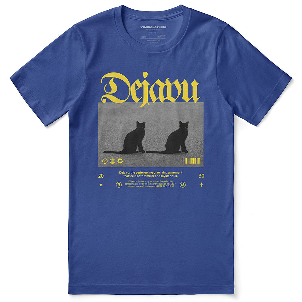 Dejavu Cat T-Shirt by Yūjin Clothing featuring a stylish cat graphic on a casual cotton T-shirt.