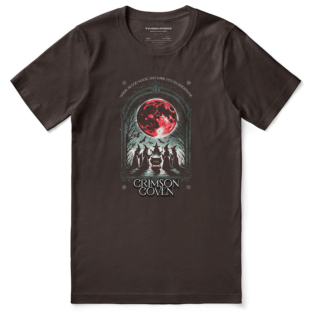 Crimson Coven T-Shirt by Yūjin Clothing featuring a vibrant red graphic design on soft cotton fabric.