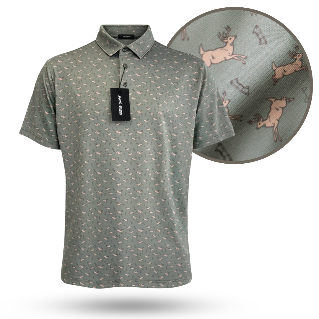 Bow Crew Apparel Bows &amp; Bucks golf polo T-shirt featuring a stylish design, suitable for bow hunting and golf enthusiasts.