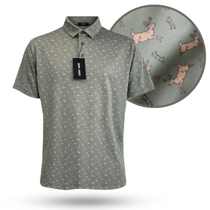 Bow Crew Apparel Bows &amp; Bucks golf polo T-shirt featuring a stylish design, suitable for bow hunting and golf enthusiasts.