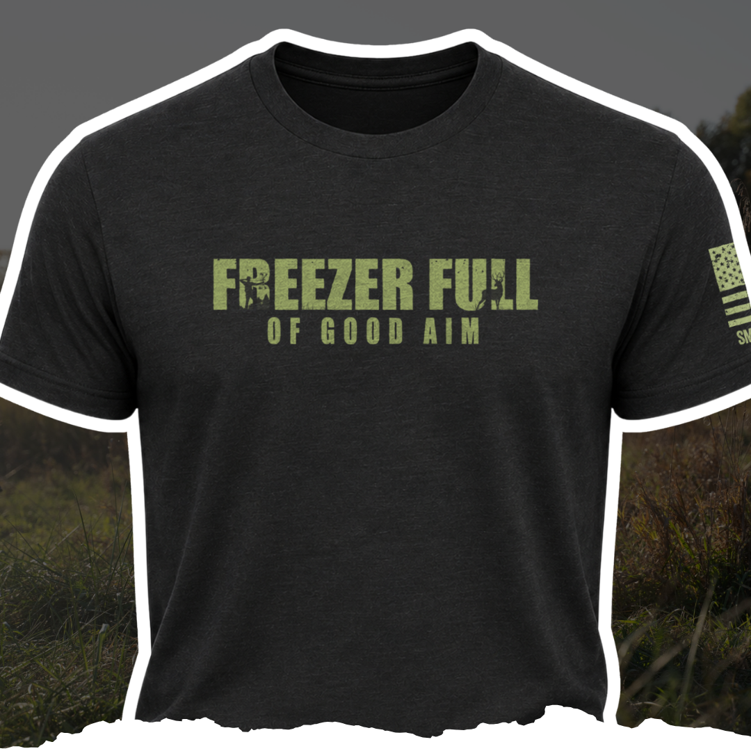 Black Bow Crew Apparel T-shirt featuring the "Freezer Full Of Good Aim" design with a bow hunting theme.