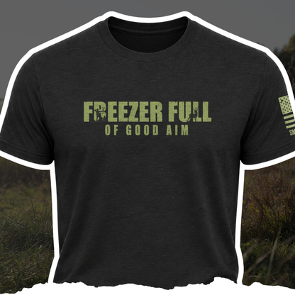 Black Bow Crew Apparel T-shirt featuring the "Freezer Full Of Good Aim" design with a bow hunting theme.