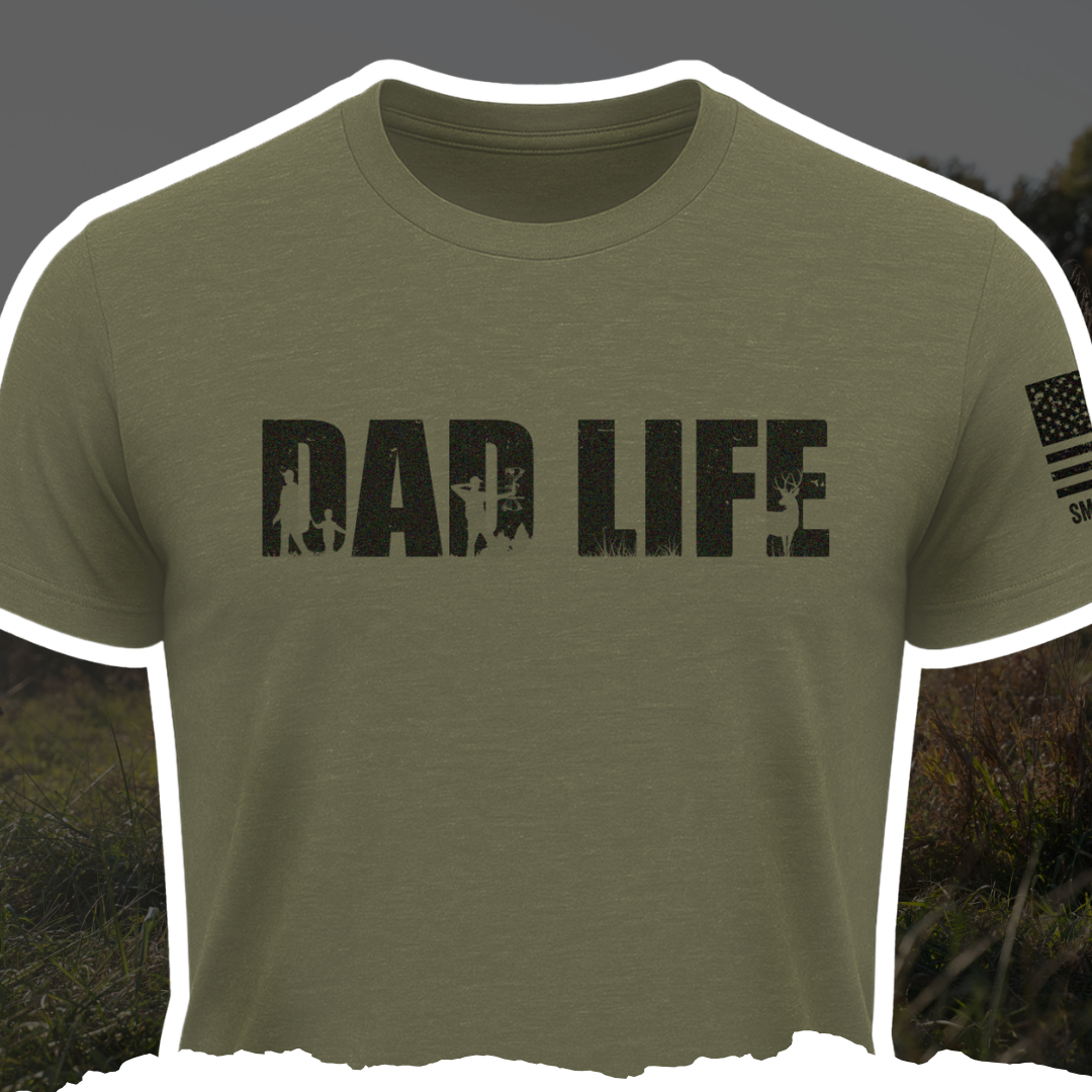 Black "DAD LIFE" T-Shirt by Bow Crew Apparel featuring bold white text, perfect for bow hunting and outdoor enthusiasts.