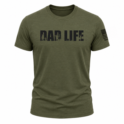 Front view of Bow Crew Apparel "DAD LIFE" T-shirt showcasing bold printed design for dad hunters.