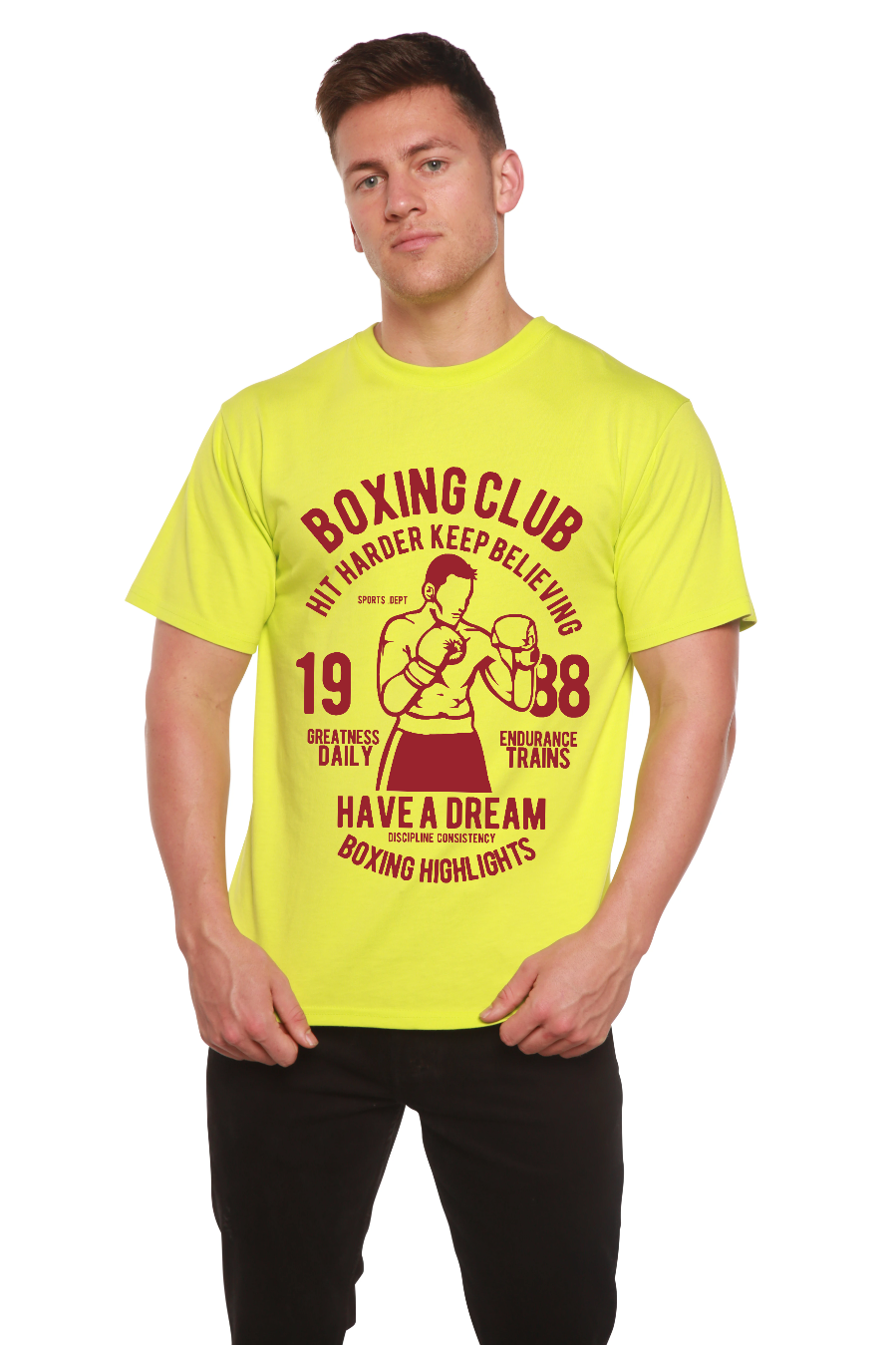 Mens graphic T-shirt made from bamboo viscose and organic cotton by Spun Bamboo featuring boxing club print.