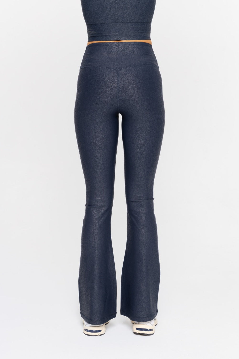 Navy Luxe Edge Leather-Look Crossover Flare Leggings by Fitkitty Culture, showing the stylish high-waist design and flare leg detail.