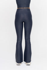 Navy Luxe Edge Leather-Look Crossover Flare Leggings by Fitkitty Culture, showing the stylish high-waist design and flare leg detail.