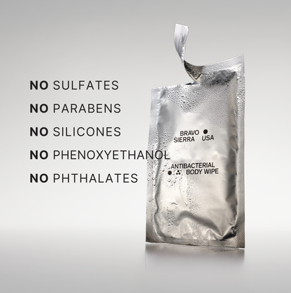 Bravo Sierra antibacterial body wipes shown, featuring portable adult body wipes for quick cleansing and freshness on the go.