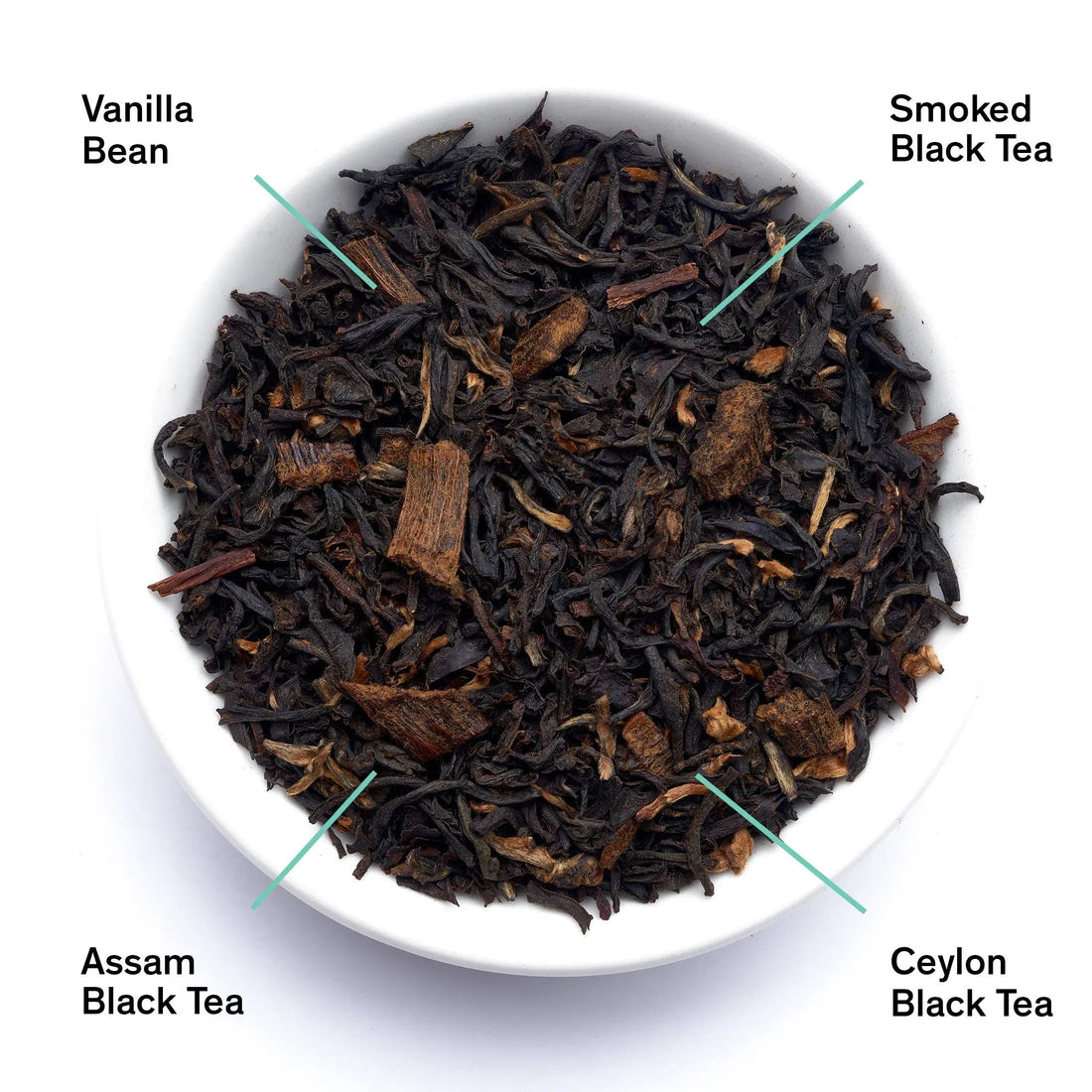 Bowl of smoky vanilla black tea leaves from August Uncommon Tea, showcasing dark, aromatic tea leaves for breakfast brewing.