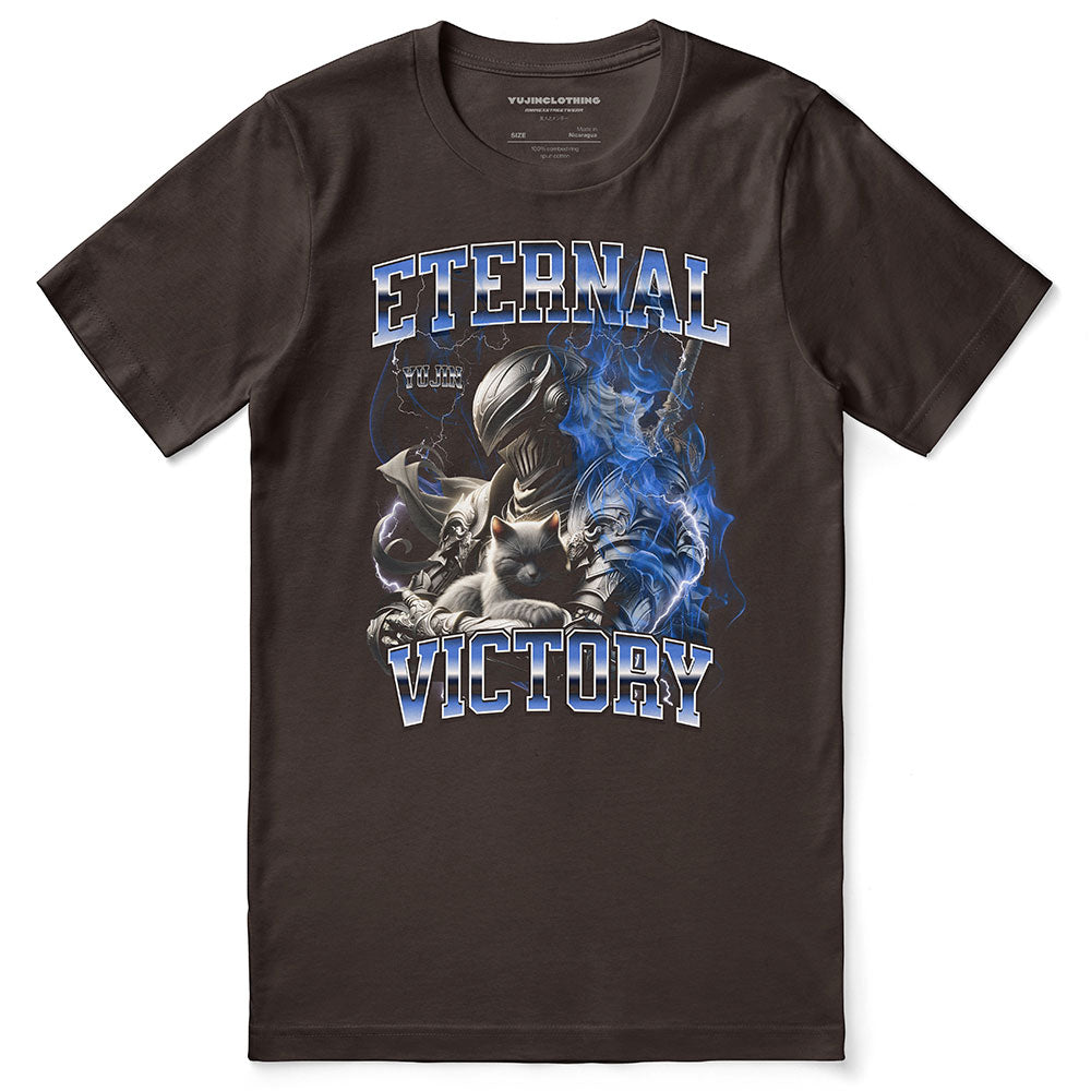 Eternal Victory cat T-shirt by Yūjin Clothing featuring a graphic of a victorious cat design on a comfortable cotton shirt.
