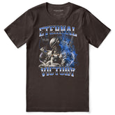Eternal Victory cat T-shirt by Yūjin Clothing featuring a graphic of a victorious cat design on a comfortable cotton shirt.