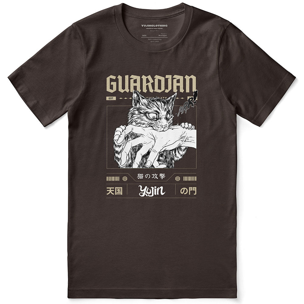 Yūjin Clothing Guardian Cat T-Shirt featuring a detailed graphic of a guardian cat design on soft fabric.