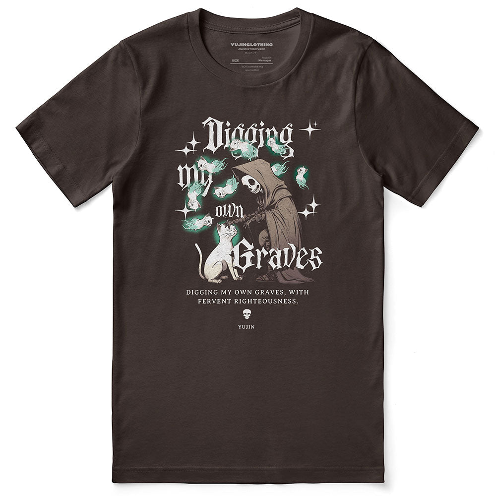 Yūjin Clothing digging my own graves cat T-shirt featuring a black cat illustration on a casual black T-shirt.