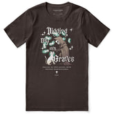 Yūjin Clothing digging my own graves cat T-shirt featuring a black cat illustration on a casual black T-shirt.