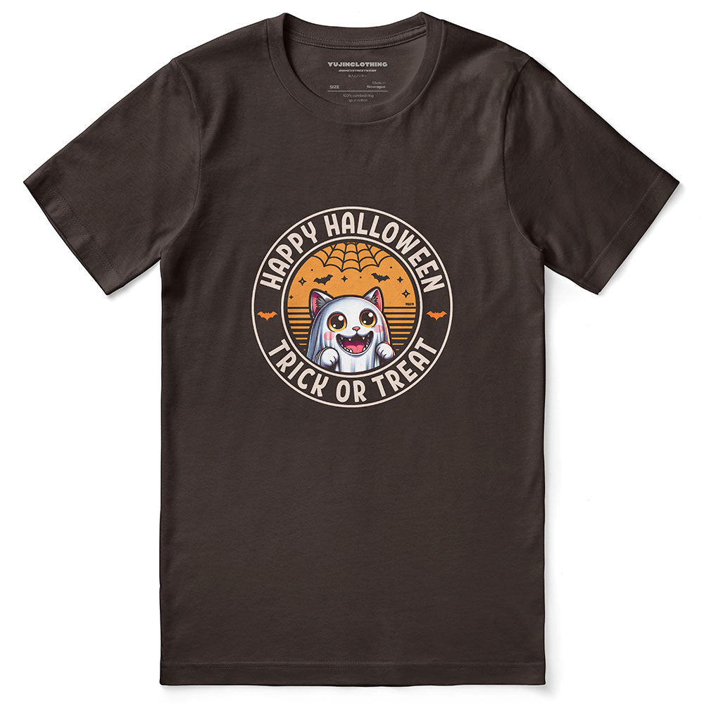 Yūjin Clothing Happy Halloween T-Shirt featuring festive Halloween-themed design and comfortable casual fit.