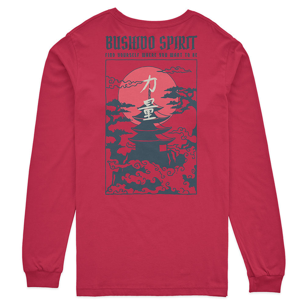 Yūjin Clothing Bushido long sleeve T-shirt featuring a Japanese-inspired design and comfortable fabric, displayed on a hanger.
