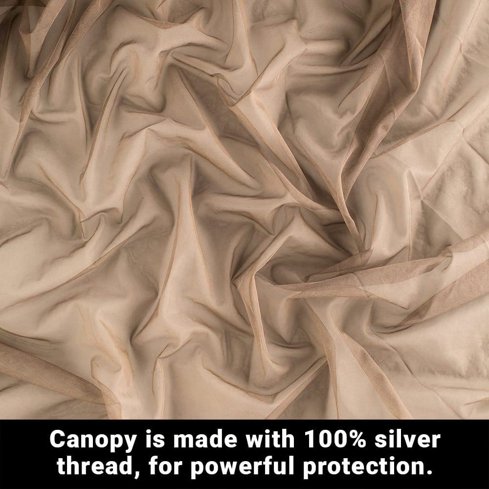 Close-up of Shield Your Body SYB Faraday Bed Canopy fabric showing fine mesh material and detailed stitching.