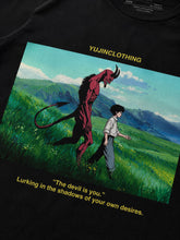 Yūjin Clothing Devil and Boy T-Shirt featuring a graphic print of a devil and a boy on a casual black T-shirt.