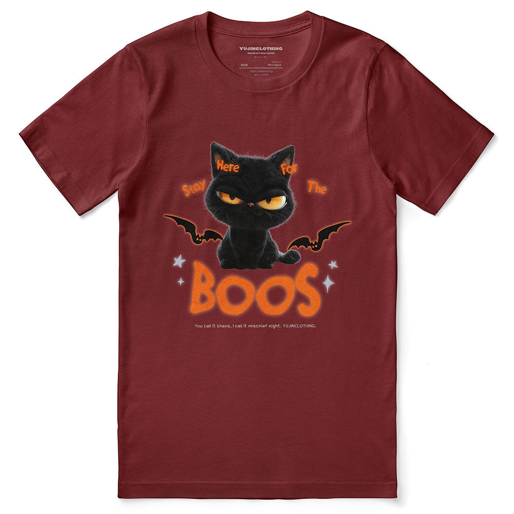 Yūjin Clothing Here For The Boos T-Shirt featuring a casual black cotton T-shirt with playful ghost-themed graphic design.