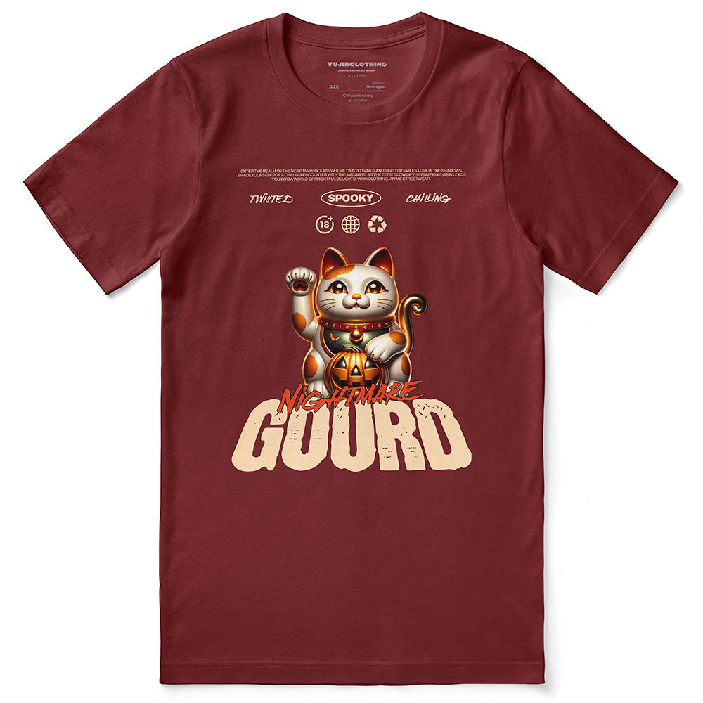 Yūjin Clothing Gourd Nightmare Cat T-Shirt featuring a spooky cat graphic on black cotton fabric.
