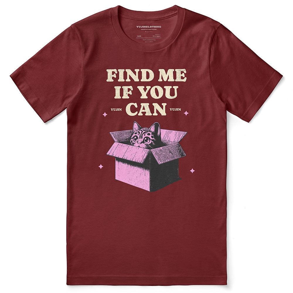 Find Me Cat T-Shirt by Yūjin Clothing featuring a playful cat graphic on a comfortable casual T-shirt.