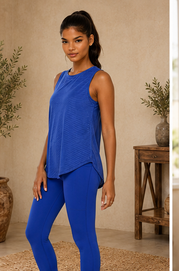 Blue sheer striped mesh tank top with cut-out back, designed for activewear and yoga by Fitkitty Culture.