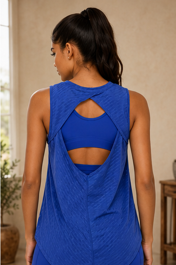 Blue sheer striped mesh active tank top with cut-out back by Fitkitty Culture, perfect for yoga and athleisure wear.