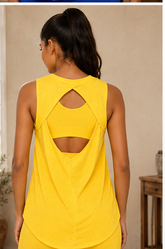 Blue sheer striped mesh tank top with cut-out back from Fitkitty Culture activewear, designed for yoga and fitness workouts.