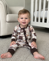 Mini Rodeo brown camouflage long sleeve hunting dog baby boy romper with zipper, cozy sleeper for little boys.