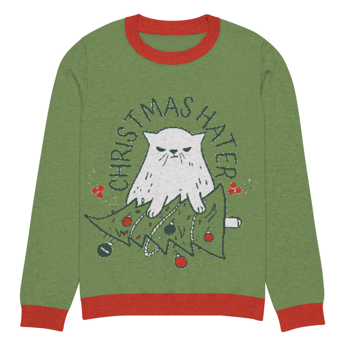 Yūjin Clothing Christmas Hater Cat sweatshirt featuring a festive design with a grumpy cat face on cozy fabric.