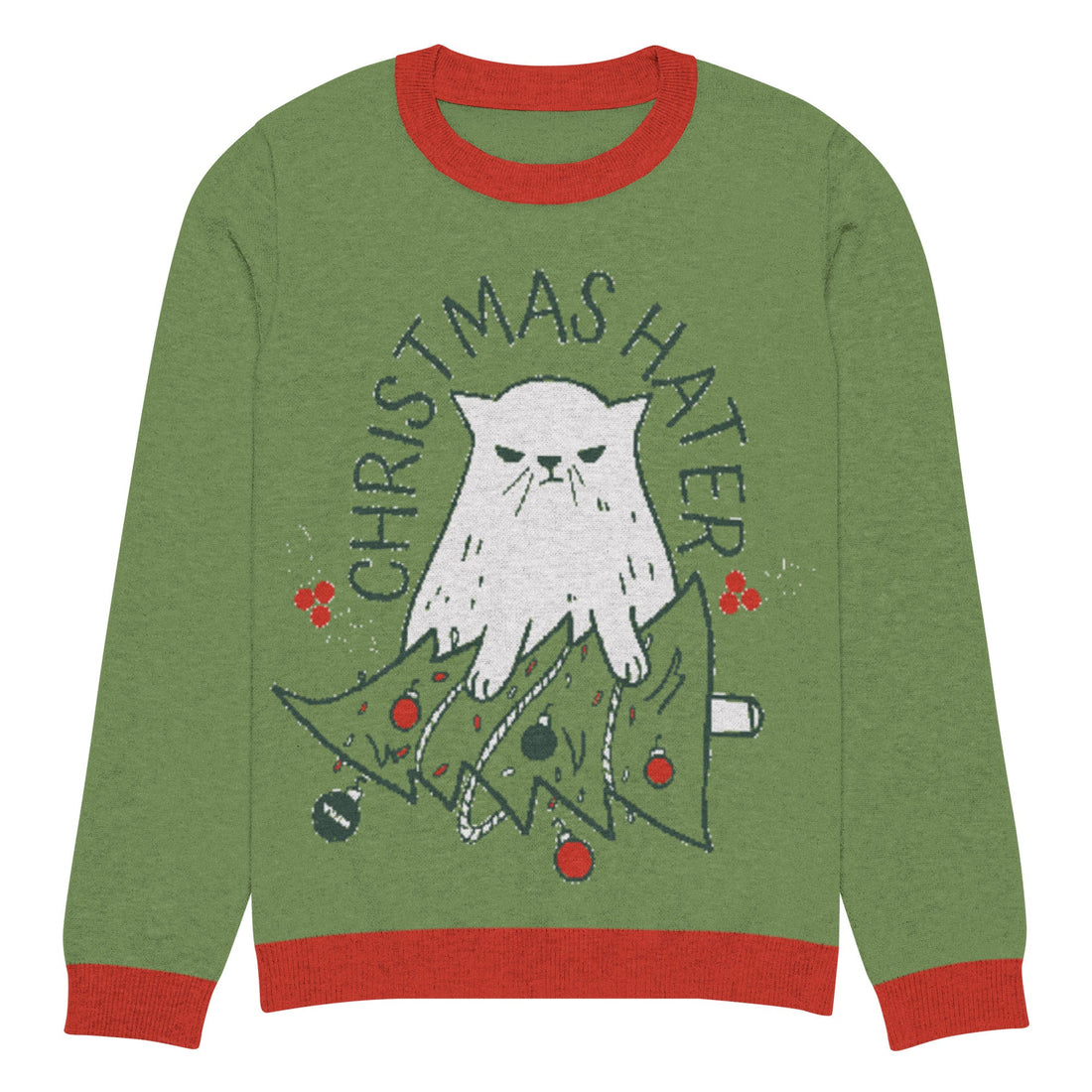Yūjin Clothing Christmas Hater Cat sweatshirt featuring a festive design with a cat graphic on cozy fabric.