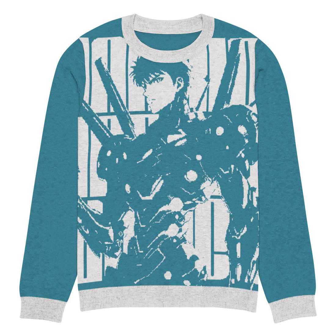 Yūjin Clothing Future Warrior knitted sweatshirt showing a cozy, stylish design with attention to detail and vibrant colors.