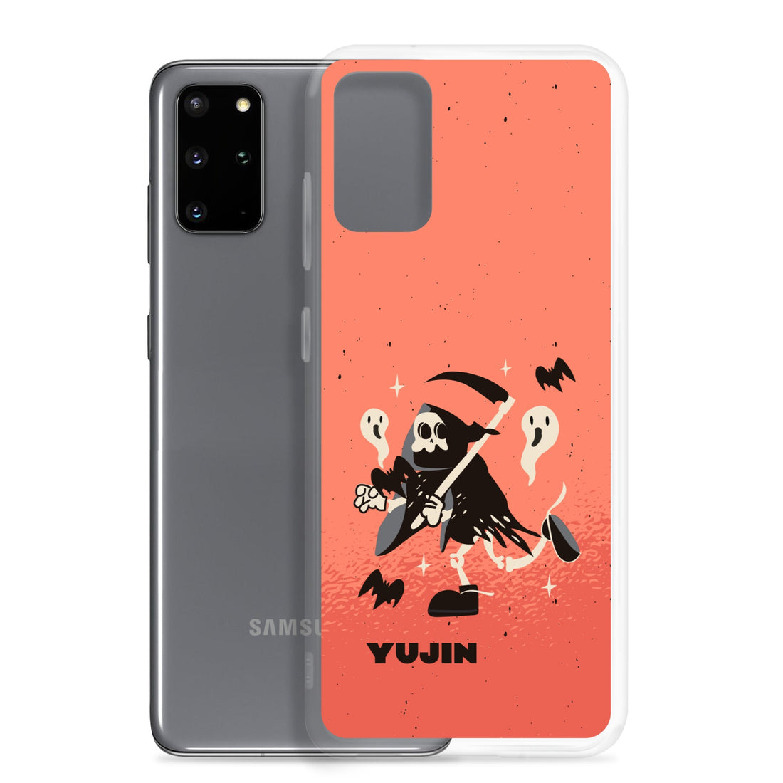 Yūjin Clothing Halloween Grim Reaper Samsung phone case with spooky skeleton design on black background