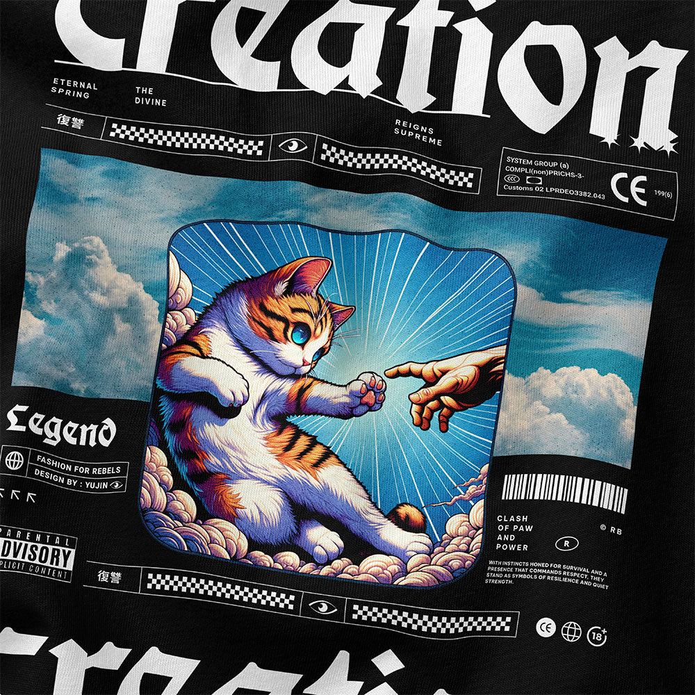 Divine Creation Cat T-Shirt by Yūjin Clothing featuring a detailed feline graphic on a comfortable cotton T-shirt.