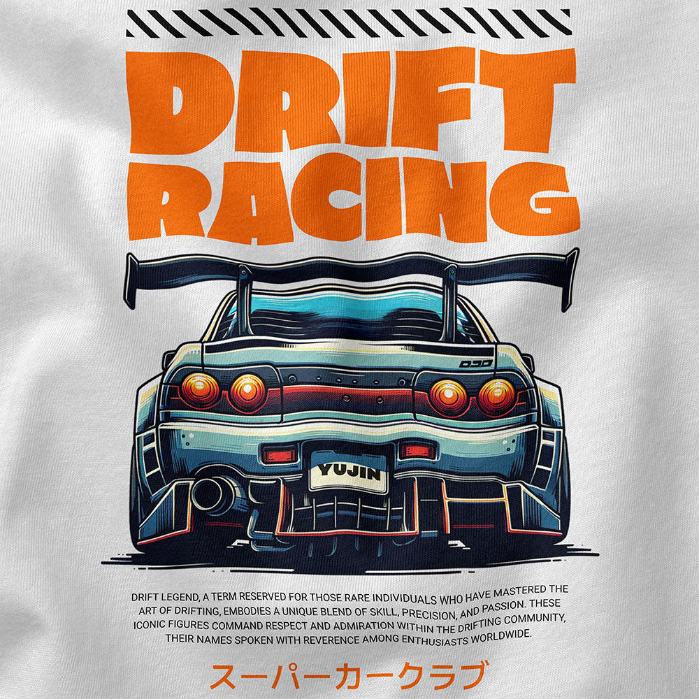 Yūjin Clothing Drift Racing Car T-Shirt featuring a dynamic car graphic on casual black fabric.