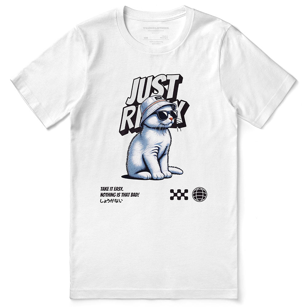 Just Relax cat T-shirt by Yūjin Clothing featuring a comfortable fit and a relaxed cat graphic on soft fabric.