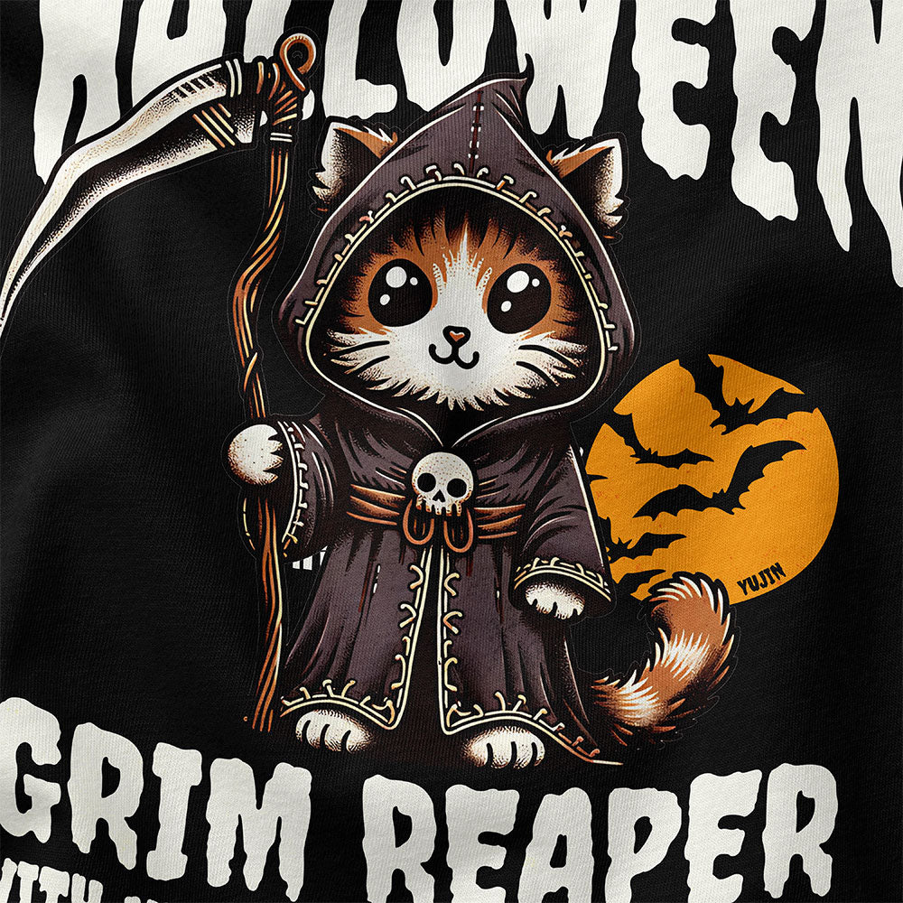 Yūjin Clothing Grim Reaper Halloween cat T-shirt featuring a spooky reaper and black cat graphic on a dark fabric.