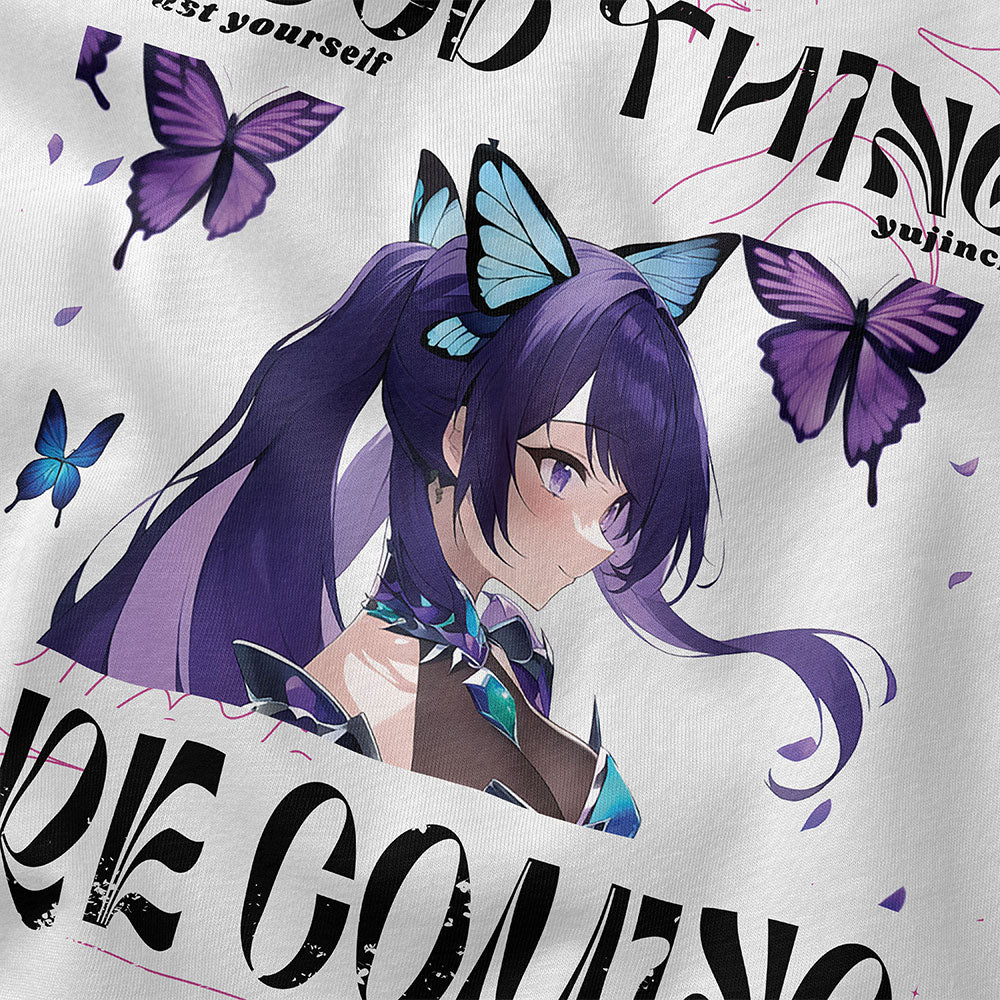 Yūjin Clothing Good Things Are Coming T-Shirt displayed on a person, featuring a casual fit and motivational design.