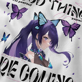 Yūjin Clothing Good Things Are Coming T-Shirt displayed on a person, featuring a casual fit and motivational design.