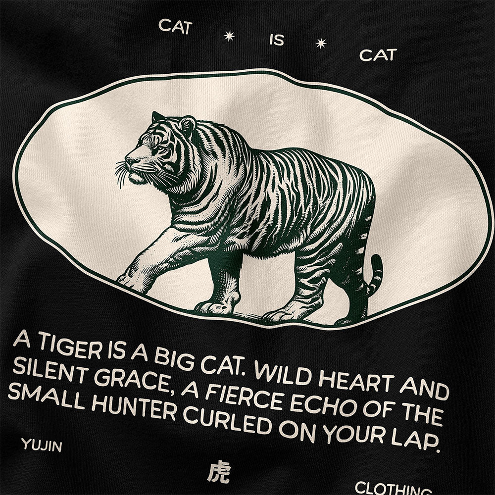 Yūjin Clothing Cat Is Cat T-Shirt featuring a playful cat graphic on a casual black cotton tee.