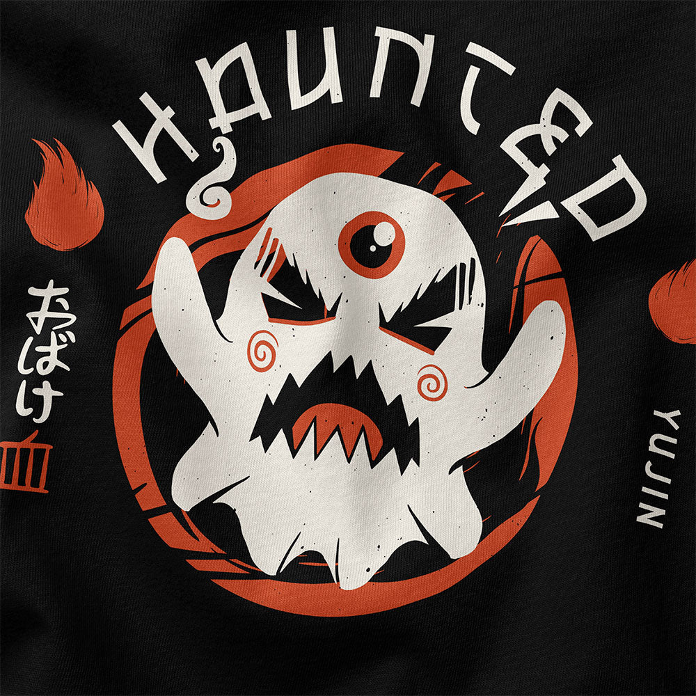 Black Haunted T-Shirt by Yūjin Clothing featuring spooky haunted house and ghost graphics on soft cotton fabric.